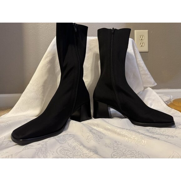 JEFFREY CAMPBELL 7 Black Block Heel Boot Bootie Stretch Mid Calf NEW - Picture 6 of 16